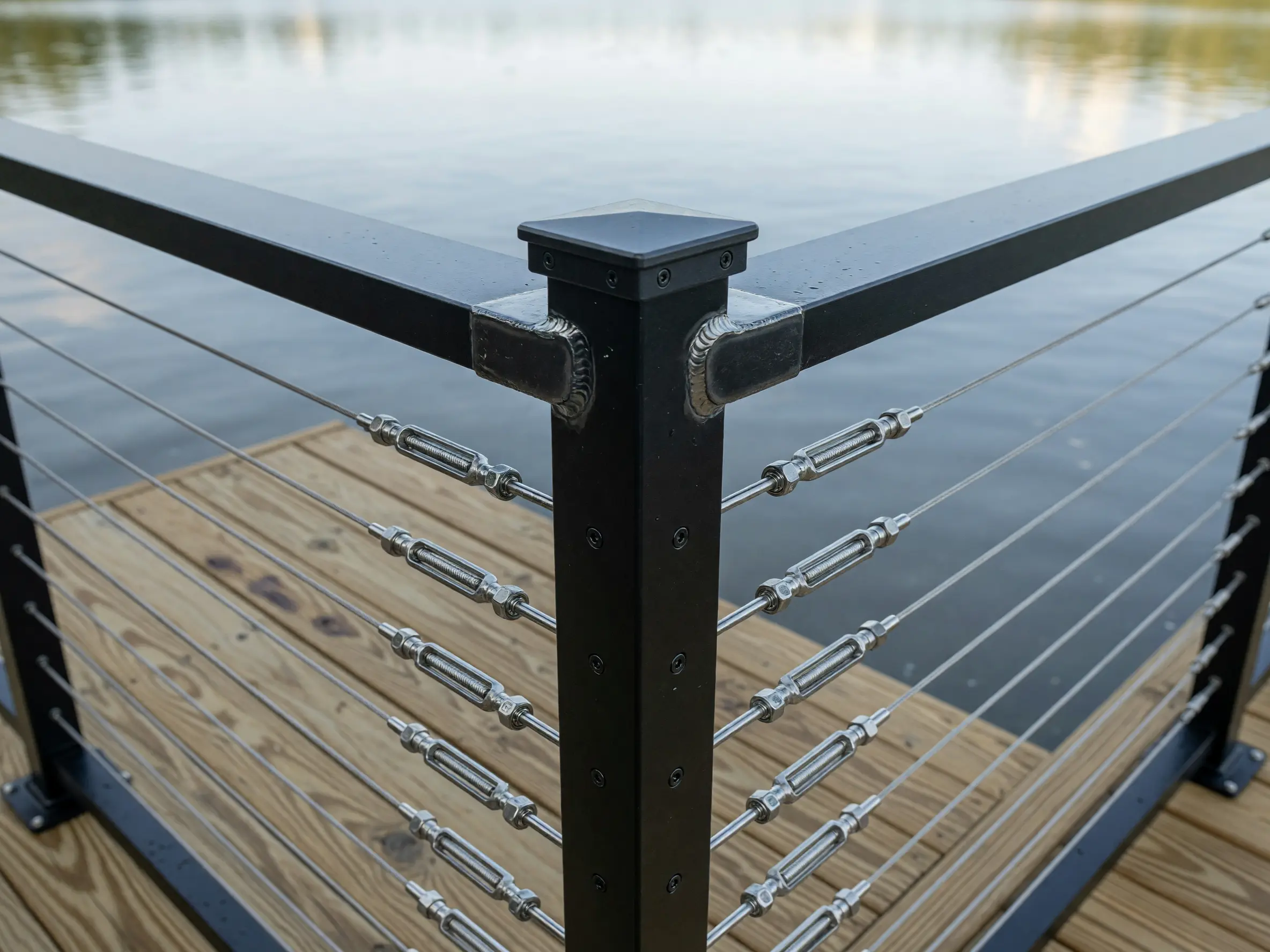 Close view of a cable railing corner with machined tensioners and clean welds