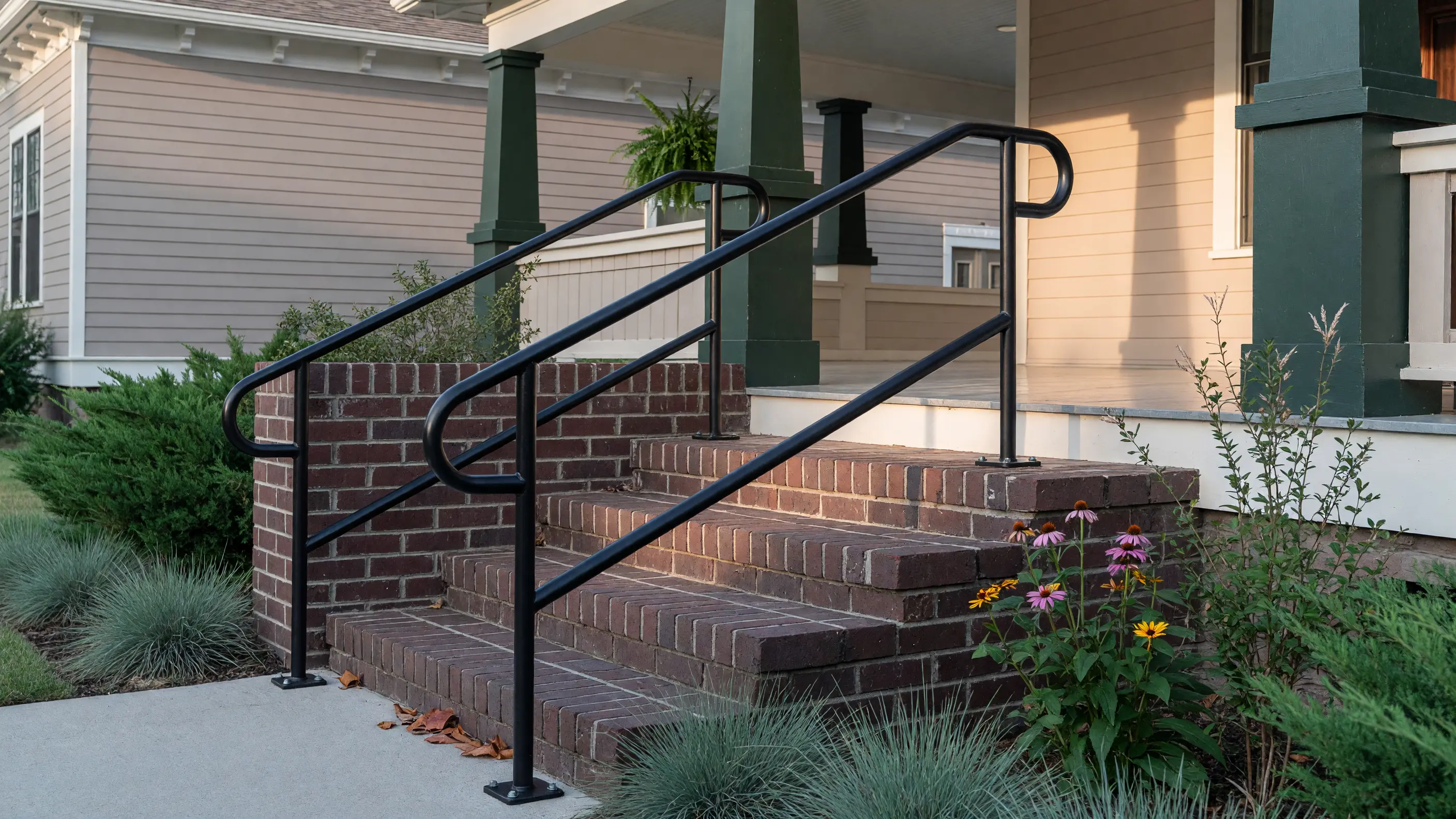 Powder-coated steel handrail on the brick front steps of a craftsman home among native planting
