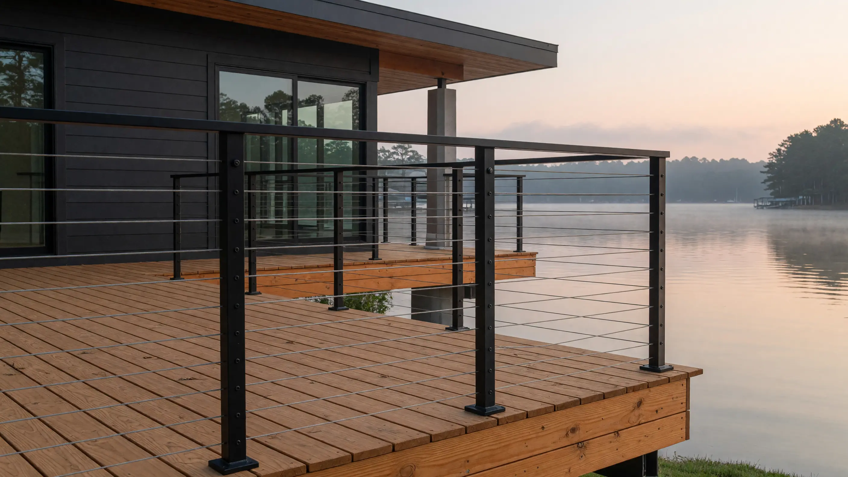 Black cable railing framing a quiet Lake Norman deck at first light