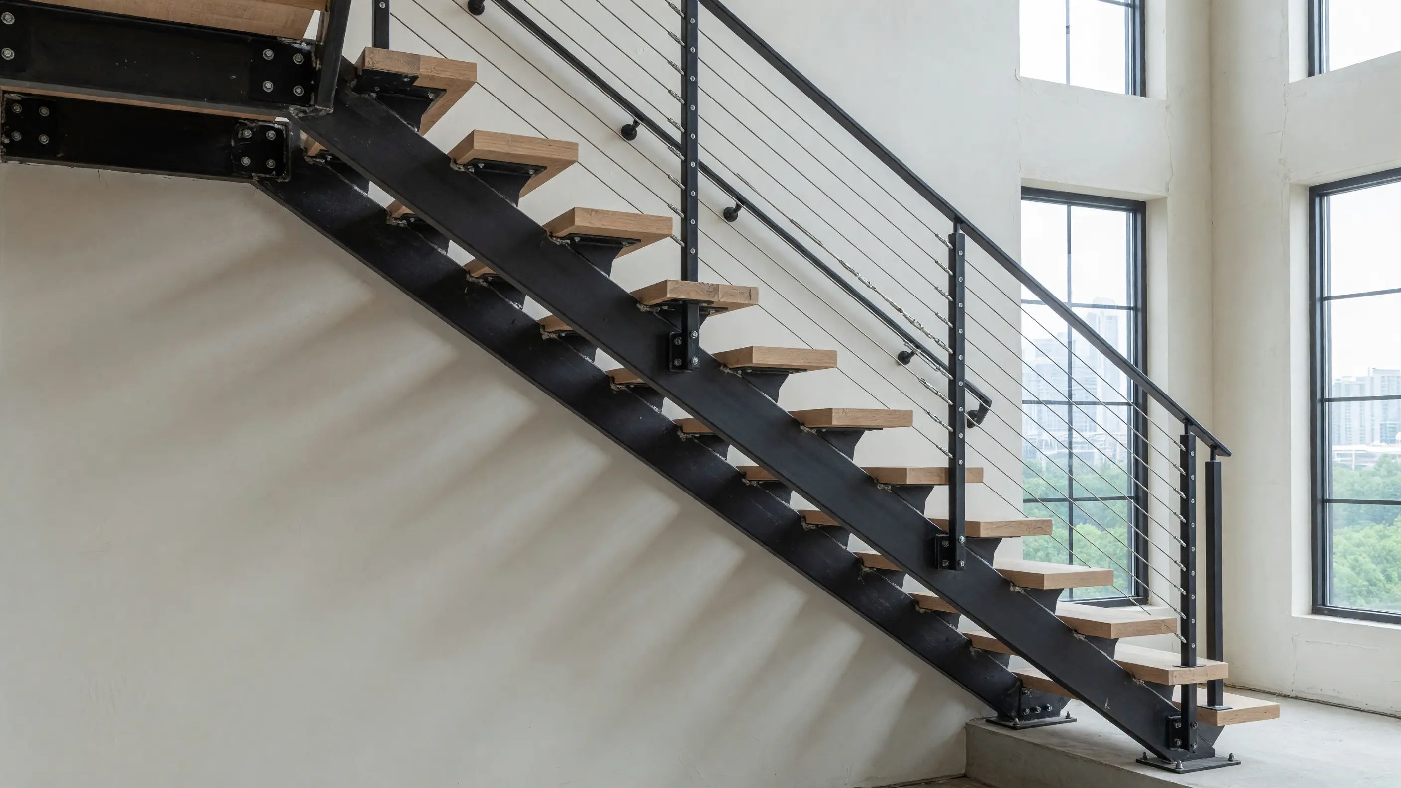 Modern steel mono-stringer staircase with oak treads and cable guard