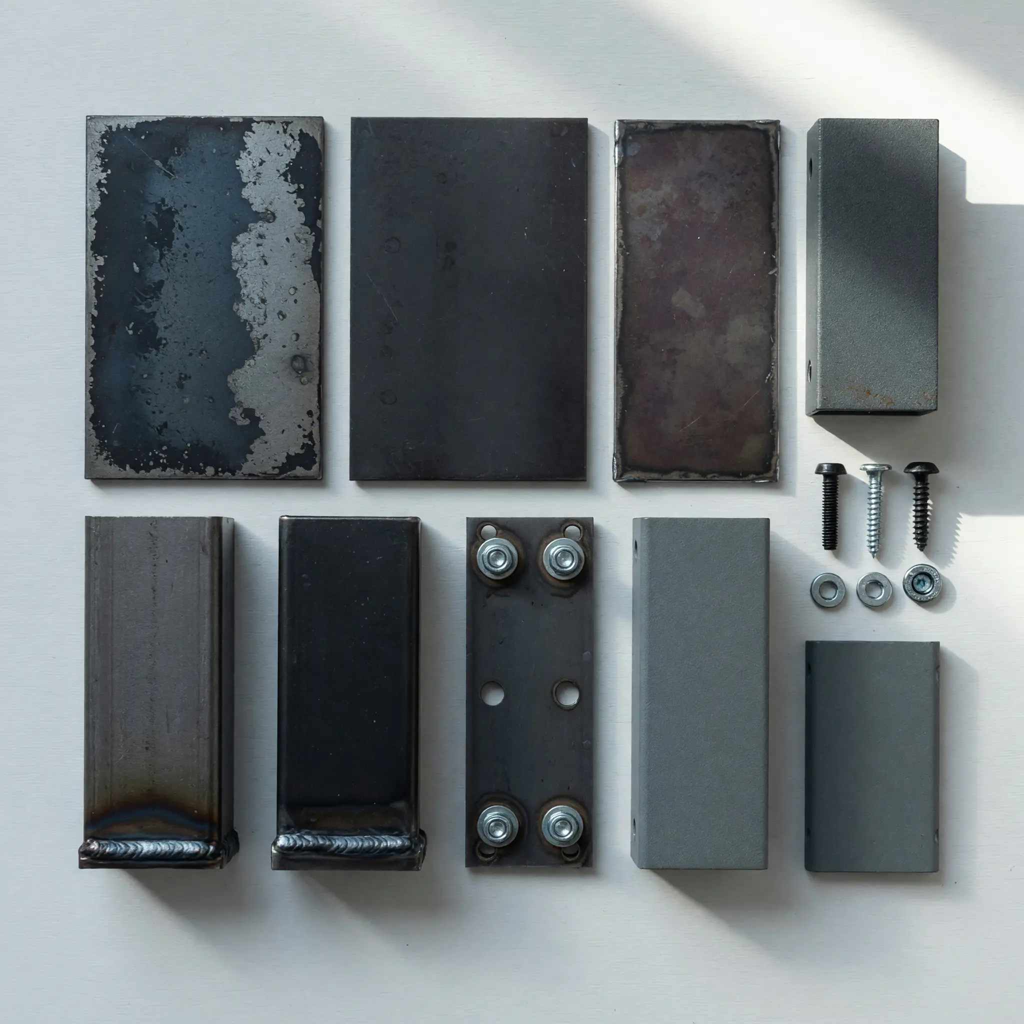 Raw and finished steel railing samples showing mill scale and sealed patina
