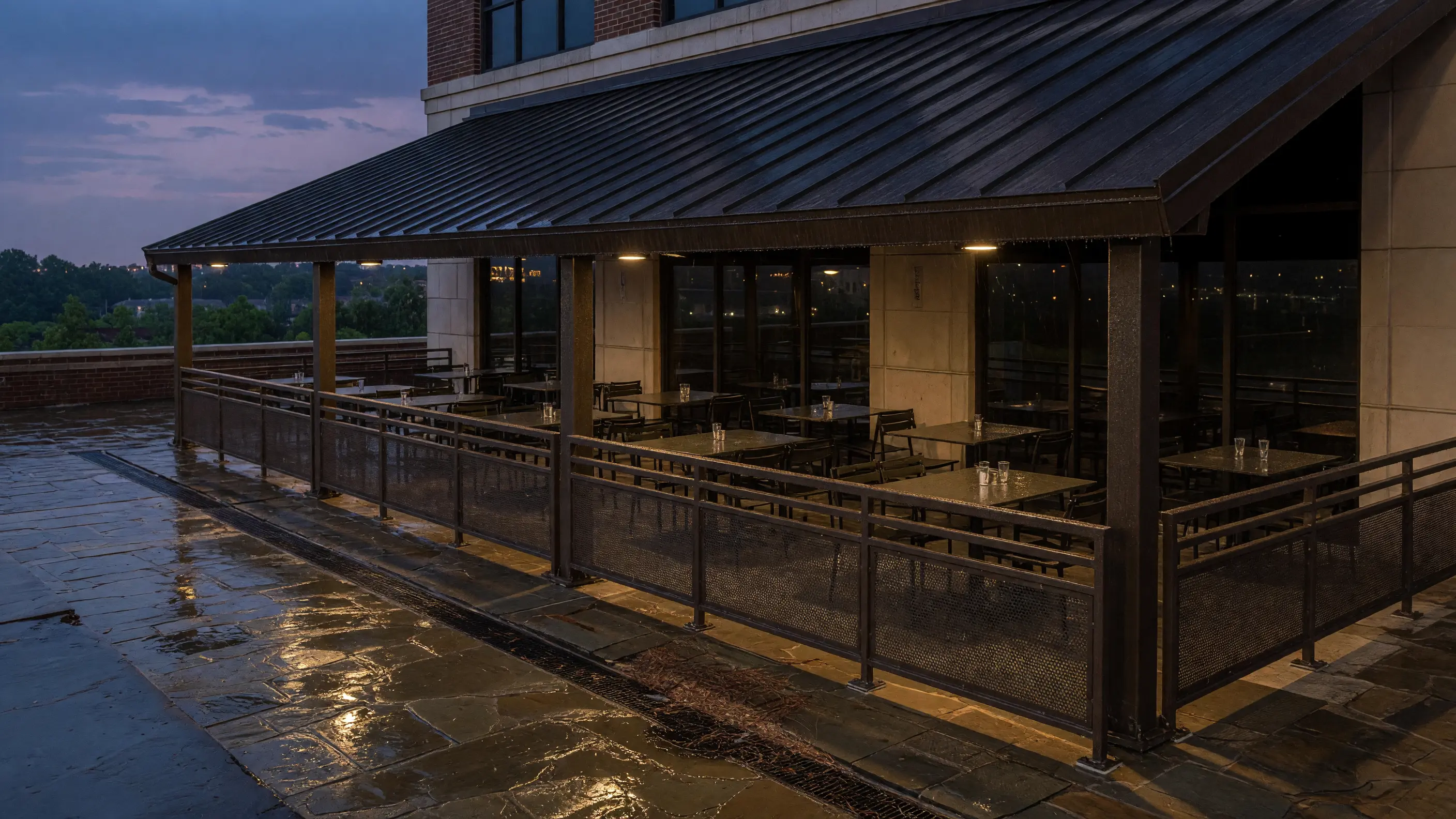 Fixed metal patio awning and guardrail glowing after a summer rain