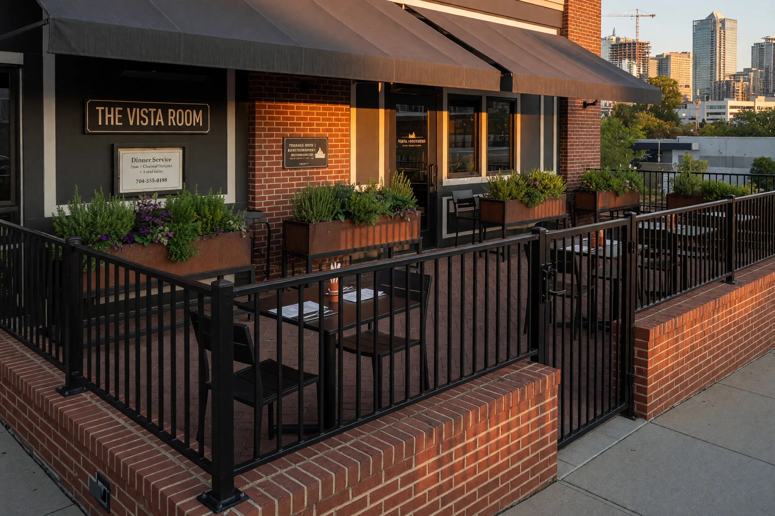 Black metal patio guard defining a brick restaurant terrace