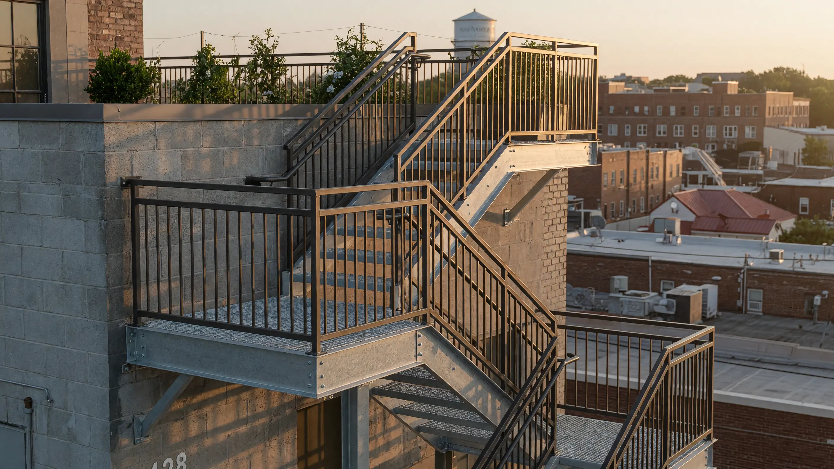 Galvanized steel exterior stair with guardrail rising to a rooftop terrace above city rooflines