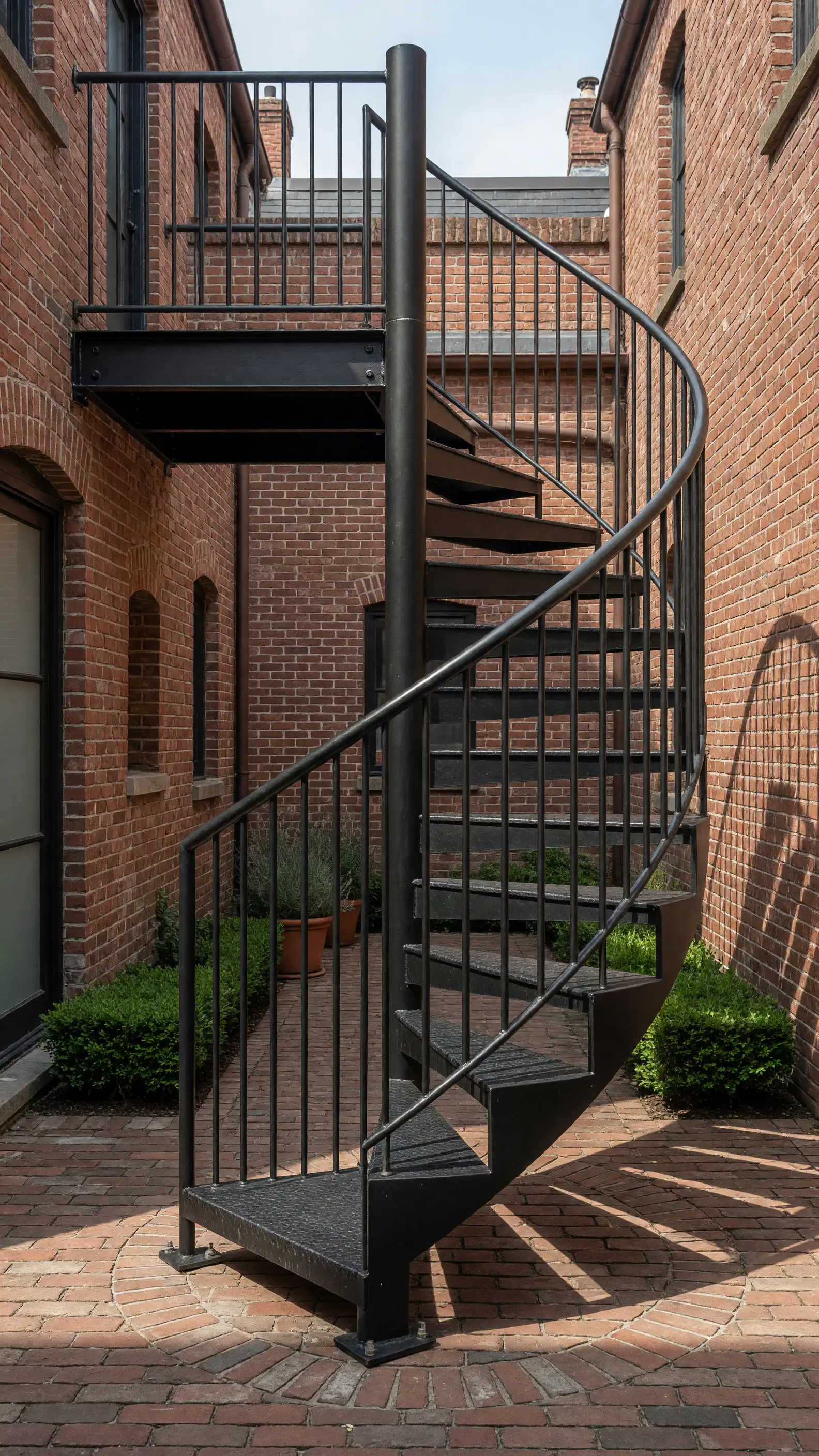 Compact black steel spiral staircase in a brick courtyard