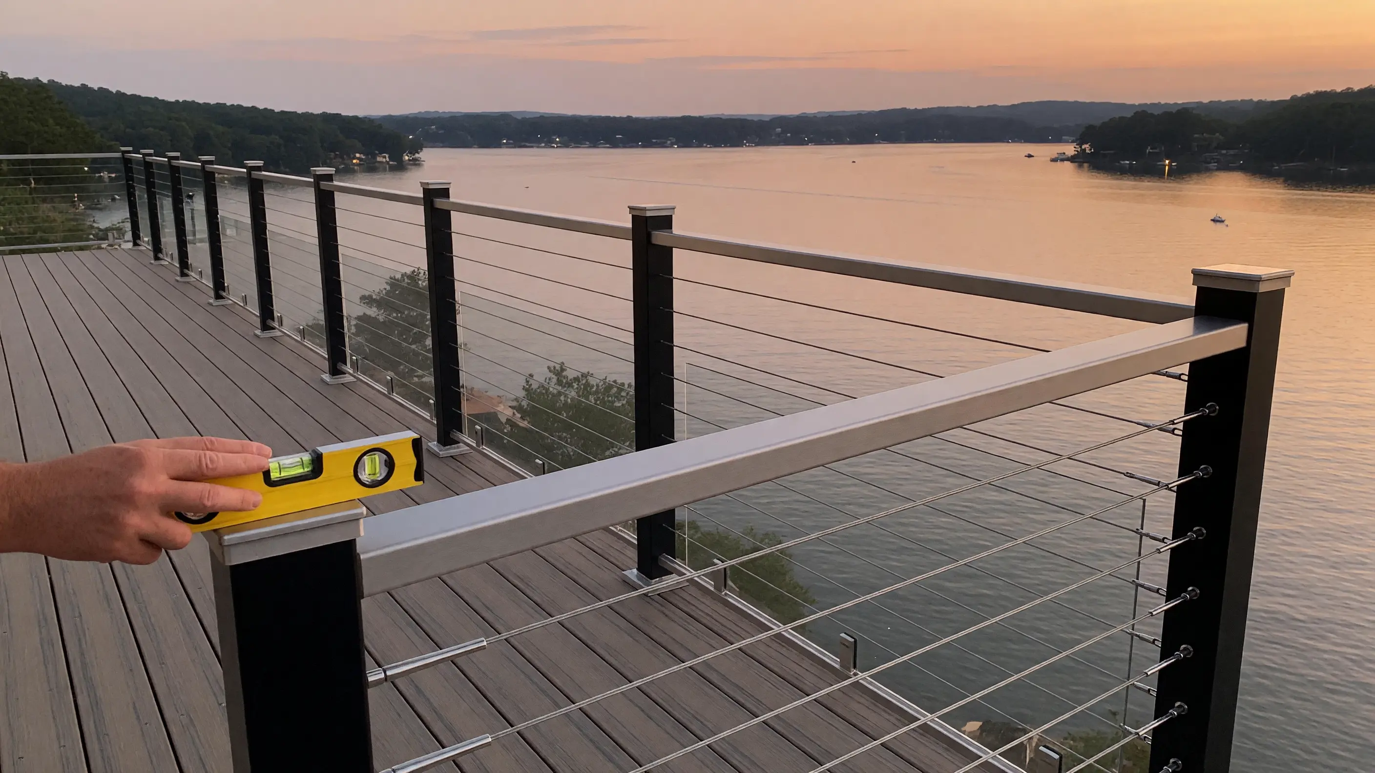 Finished cable railing viewed along its perfectly aligned top rail